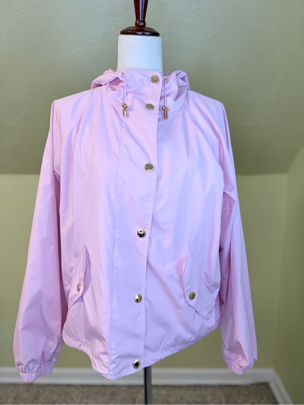 Lauren Ralph Lauren Pink Hooded Rain Jacket Windbreaker Goldtone Hardware Large